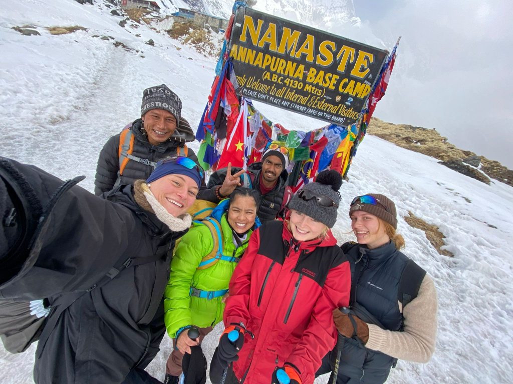 Bunu Tamang is with her guests at Annapurna base Camp
