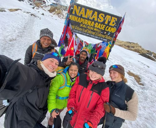 Bunu Tamang is with her guests at Annapurna base Camp