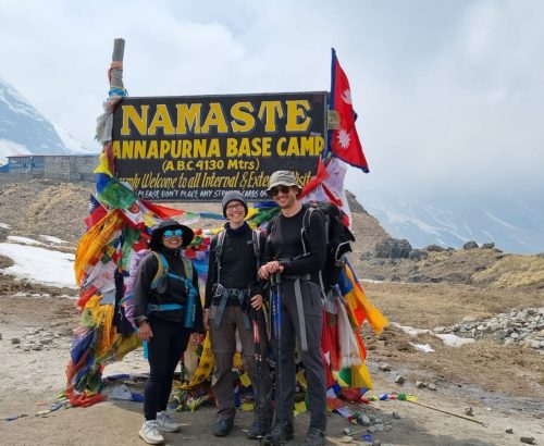 Female guide Bunu with her guest at Annapurna Base Camp