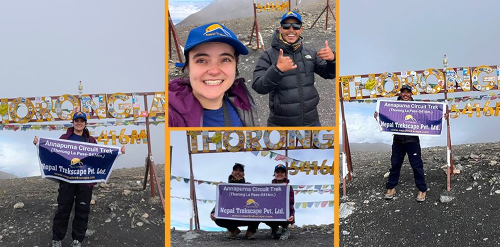 Photo of trekker lia from Australia and guide Prakash at Thorong La Pass