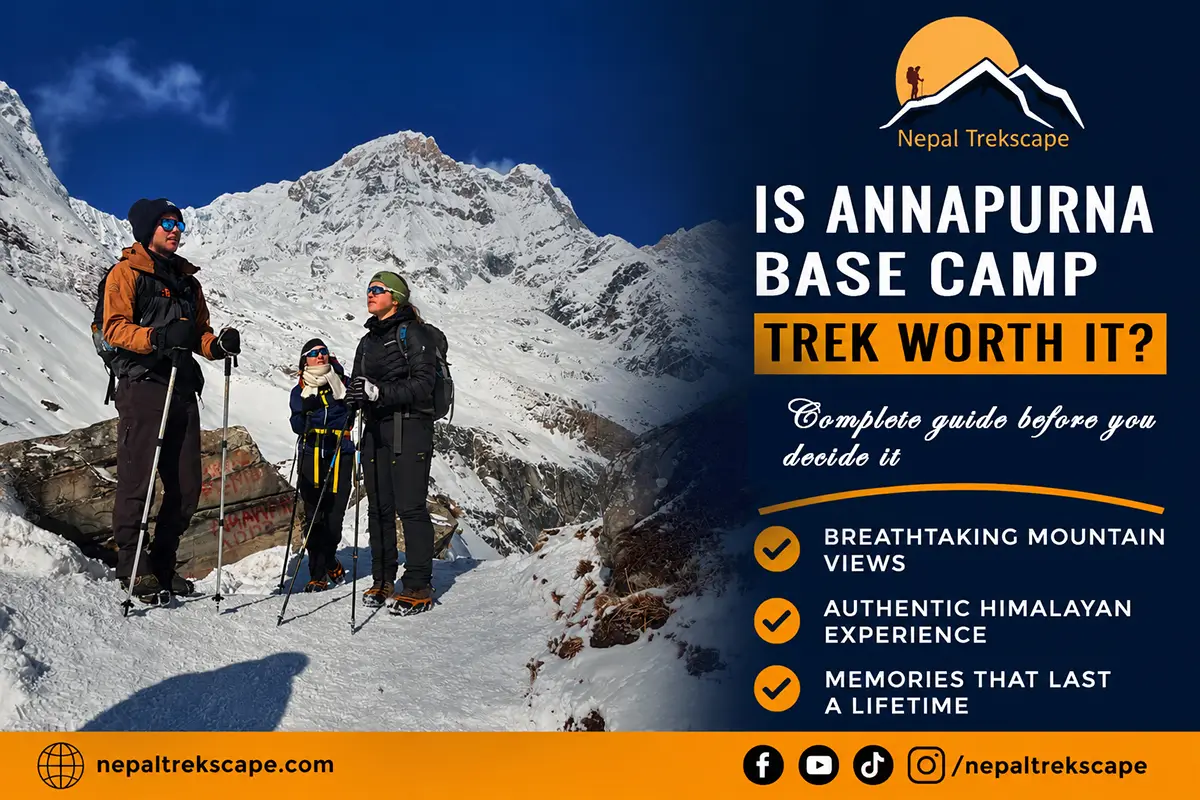 Trekkers of Nepal Trekscape enjoying a snowy Himalayan landscape with Annapurna range views during the Annapurna Base Camp Trek.