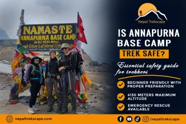 Trekkers standing at Annapurna Base Camp with towering snowcapped mountain and safety guide title overlay